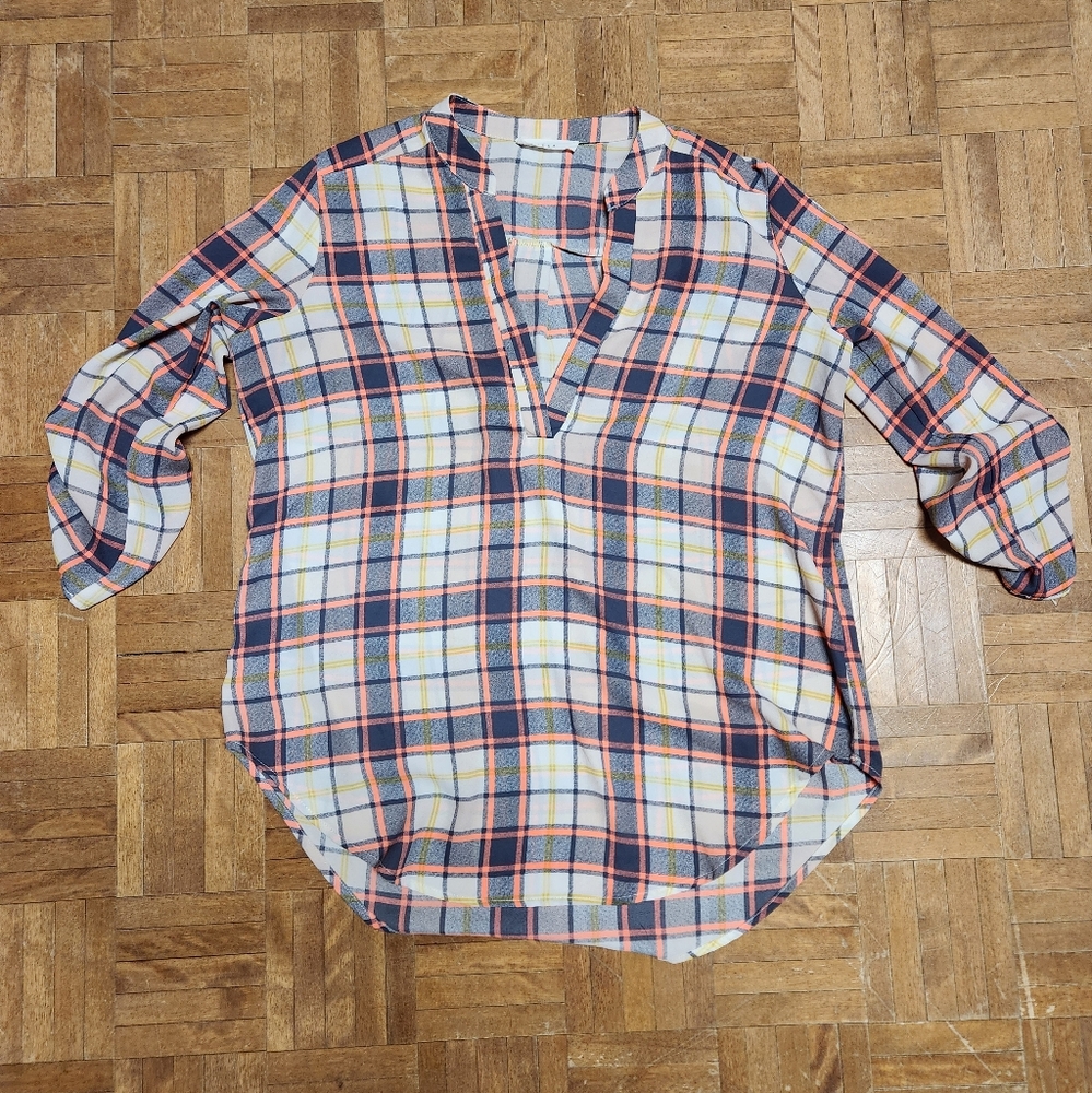 Womens lush sheer plaid ¾ sleeve tunic SMALL